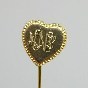 Vintage Heart Stick Pin Engraved Monogram M.N.V. Gold Tone Brooch, Estate